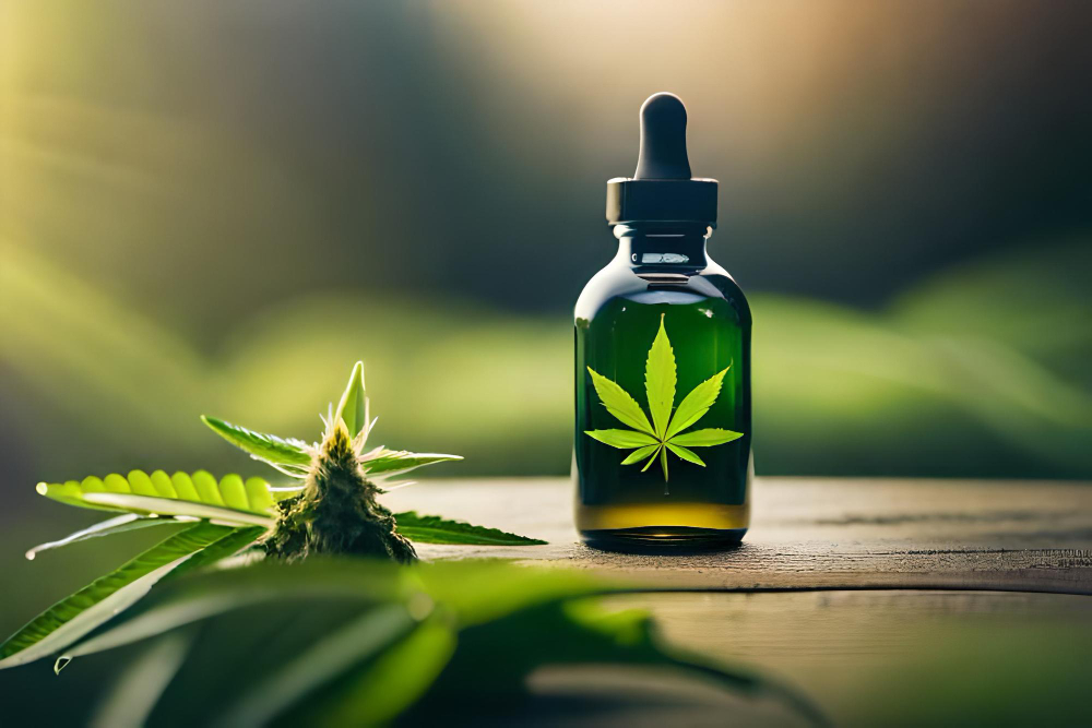 A bottle of CBD oil with a dropper beside fresh hemp leaves, set against a natural, sunlit background.